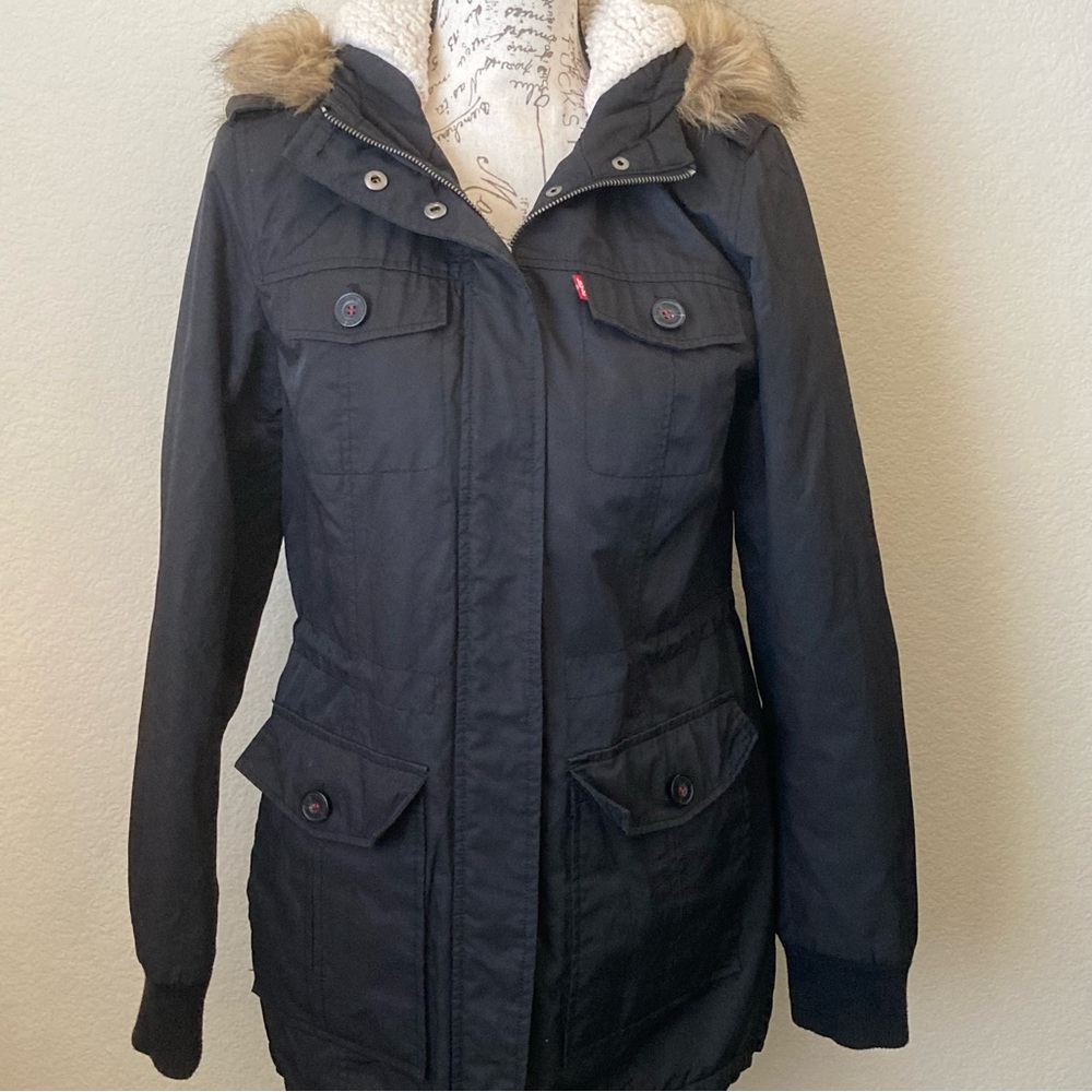 Levi's Strauss & Co Faux Fur Hooded Women's Black Parka Jacket